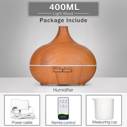 Difusor de óleo essencial de aromaterapia grão de madeira controle remoto umidificador de ar ultra-sônico fresco com luz LED de 7 cores